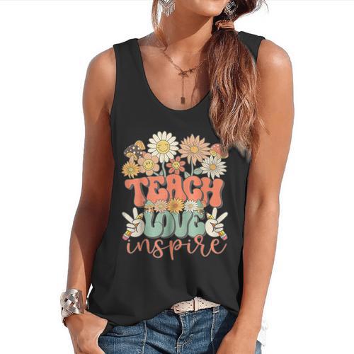 Teach Love Inspire Retro Groovy Daisy Back To School Teacher For Men Women Kids Flowy Tank - teacherstshirts.com UK
