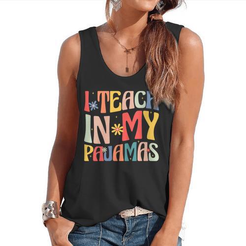 I Teach In My Pajamas Retro Groovy Teacher Humor Flowy Tank - teacherstshirts.com DE