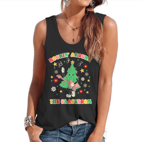 Teacher Christmas Shirts Pajama Matching Rockin' Around The Classroom -Adult Short Sleeve Small Modern Festive Christmas Teacher Xmas Vibes T-Shirt Flowy Tank - teacherstshirts.com UK