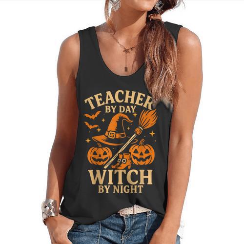 Teacher By Day Witch By Night Halloween Teacher Witch Flowy Tank - teacherstshirts.com