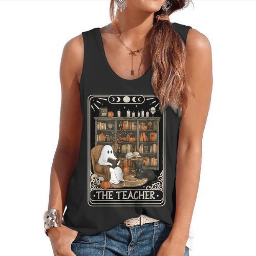 The Teacher Ghost Book Reading Books Lover Halloween Flowy Tank - teacherstshirts.com CA