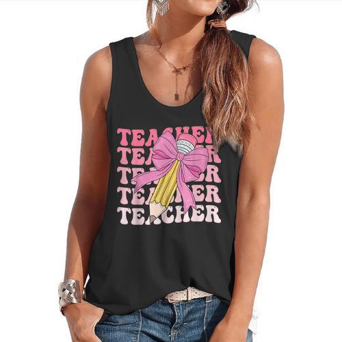 Teacher Pencil Back To School Groovy Pink Teacher First Day Flowy Tank - teacherstshirts.com CA
