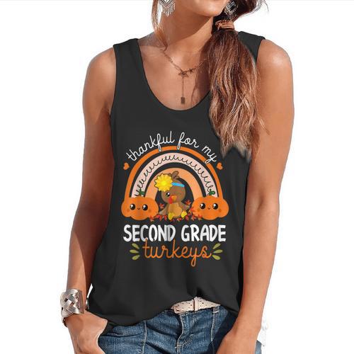 Teacher Thanksgiving Thankful For My Second Grade Turkeys Flowy Tank - teacherstshirts.com DE