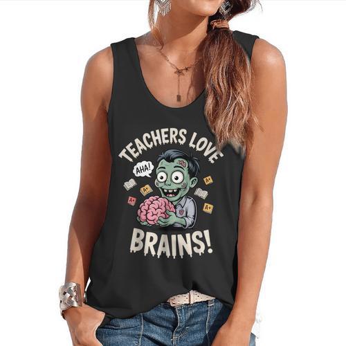 Teachers Love Brains Shirt Men Women Teacher Halloween Flowy Tank - teacherstshirts.com CA