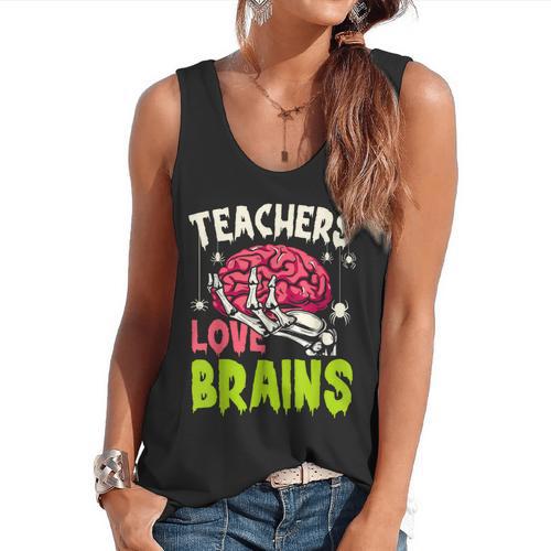 Teachers Love Brains Skeleton Halloween Teacher Funny Flowy Tank - teacherstshirts.com CA