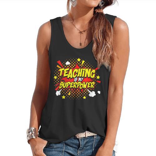 Teaching Is My Superpower Retro Comic Teacher Flowy Tank - teacherstshirts.com CA