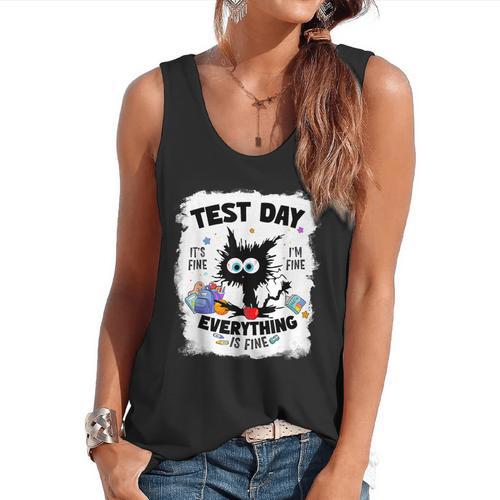 Test Day Stressed Cat Teacher Student Kids Testing Day Flowy Tank - teacherstshirts.com