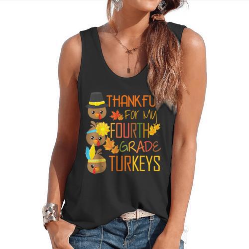 Thankful For My 4th Grade Turkey Thanksgiving Turkey Teacher Flowy Tank - teacherstshirts.com