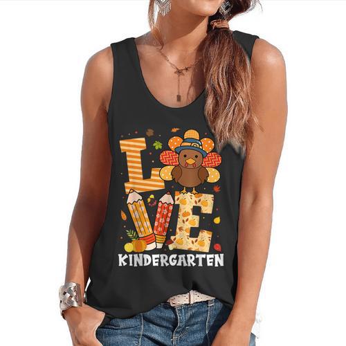 Thanksgiving Love Kindergarten Teacher Turkey Autumn Fall Flowy Tank - teacherstshirts.com CA