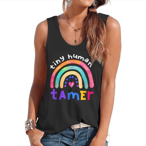 Tiny Human Tamer Watercolor Rainbow Daycare Teacher Flowy Tank - teacherstshirts.com DE