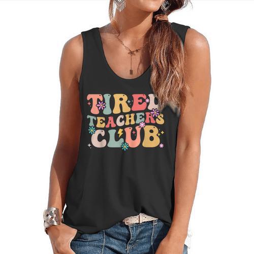 Tired Teachers Club Groovy Teachers Back To School Tee Flowy Tank - teacherstshirts.com DE