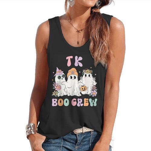 TK Boo Crew Retro Groovy Halloween Floral Ghost TK Teacher Flowy Tank - teacherstshirts.com UK