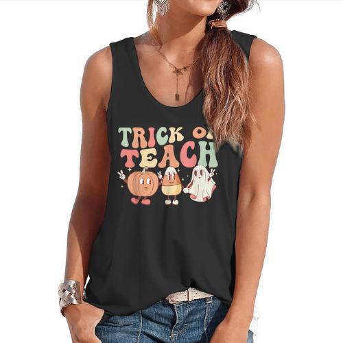 Trick Or Teach Pumpkin Candy Corn Ghost Halloween Teacher Flowy Tank - teacherstshirts.com
