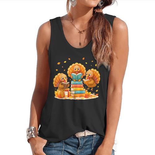 Turkey Read Books Reading Fall Thanksgiving Teacher Flowy Tank - teacherstshirts.com UK