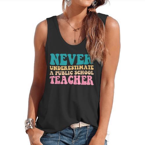Never Underestimate A Public School Teacher Groovy Women Flowy Tank - teacherstshirts.com DE
