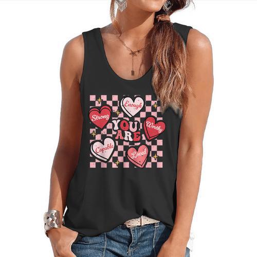 Valentine You Are Loved Worthy Enough Candy Heart Teacher For Men Women Girls Kids Flowy Tank - teacherstshirts.com CA