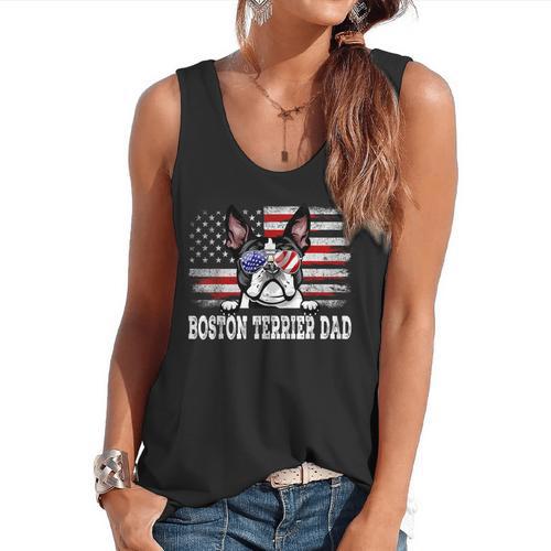 Vintage Boston Terrier Dad American Flag Father's Day Flowy Tank - Bostonterriersmerch.com