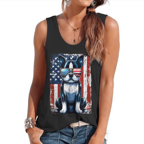 Vintage Boston Terrier Dog American USA US Flag Pets Lovers Flowy Tank - Bostonterriersmerch.com