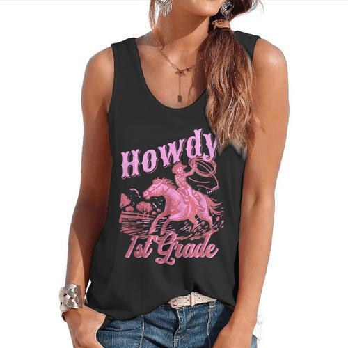 Vintage Howdy First Grade Cowgirl Teacher Western School Flowy Tank - teacherstshirts.com AU