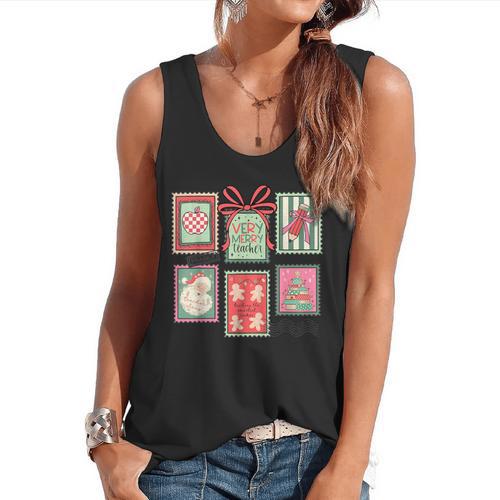 Vintage Preppy Very Merry Teacher Santa Stamps Christmas Flowy Tank - teacherstshirts.com