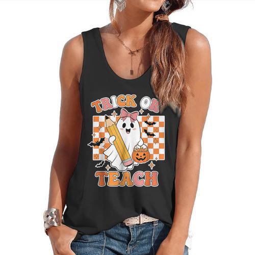 Vintage Teacher Shirt Women Trick Or Teach Halloween Flowy Tank - teacherstshirts.com CA