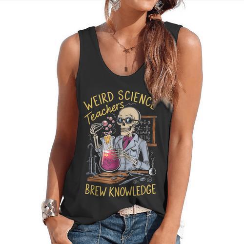 Weird Science Skeleton Halloween Teachers Brew Knowledge Flowy Tank - teacherstshirts.com