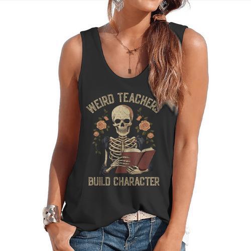 Weird Teachers Build Character Skeleton Book Halloween Women Flowy Tank - teacherstshirts.com AU
