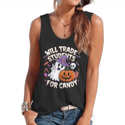 Will Trade Students For Candy Halloween Teacher Flowy Tank - teacherstshirts.com