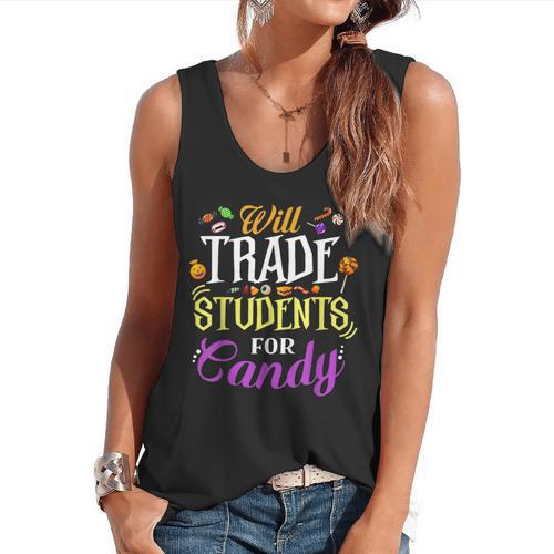 Will Trade Students For Candy Teacher Cute Halloween Costume Flowy Tank - teacherstshirts.com AU