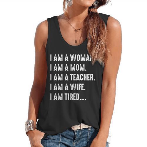 Woman Mom Teacher Wife TIRED T Shirt Cute Mom Teacher Shirts Flowy Tank - teacherstshirts.com UK