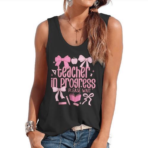 Women Teacher In Progress Coquette Pink Bow Future Teacher Flowy Tank - teacherstshirts.com