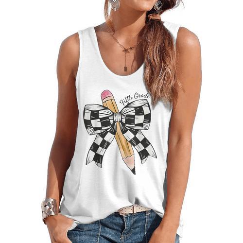 Back To School Hello Fifth Grade Teacher Coquette Pencil Bow Flowy Tank - teacherstshirts.com AU