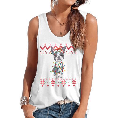 Boston Terrier Dog Santa Hat Men Kids Ugly Christmas Light Flowy Tank - Bostonterriersmerch.com