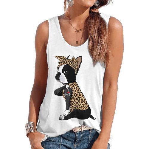 Boston Terrier Lover I Love Mom Tattoo Leopard Flowy Tank - Bostonterriersmerch.com CA