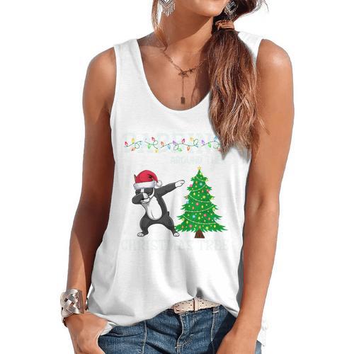 Boston Terrier Santa Hat Dabbing Around The Christmas Tree Flowy Tank - Bostonterriersmerch.com