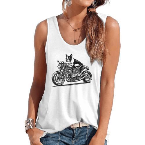 Cool Boston Terrier Riding a Motorcycle Biker Dog Lover For Men Women Kids Flowy Tank - Bostonterriersmerch.com