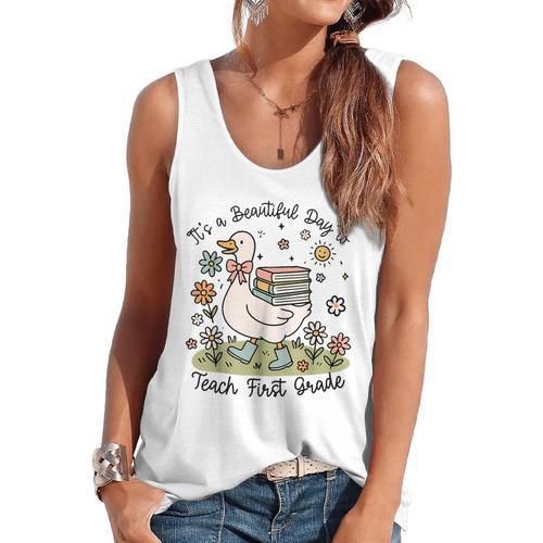 Cute Goose It's A Beautiful Day To Teach 1st Grade Teacher Flowy Tank - teacherstshirts.com CA