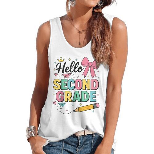 Cute Hello Second Grade Back To School Coquette Teacher Girl Flowy Tank - teacherstshirts.com UK