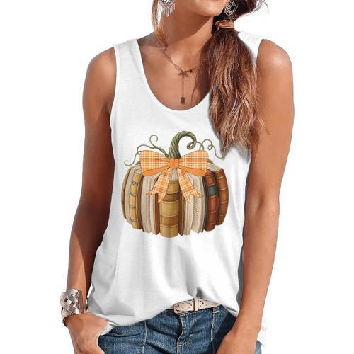 Fall Book Pumpkin Halloween Teacher Librarian Thanksgiving Flowy Tank - teacherstshirts.com CA