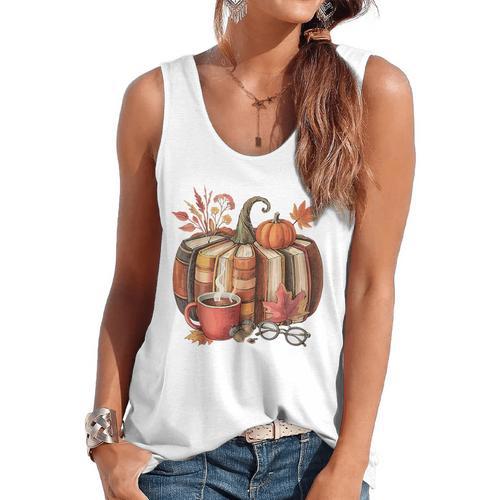 Fall Book Pumpkin Retro Reading Halloween Teacher Flowy Tank - teacherstshirts.com CA
