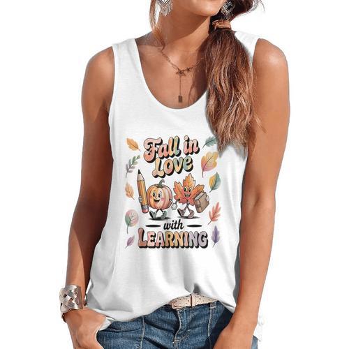 Fall In Love With Learning Teacher Autumn School Flowy Tank - teacherstshirts.com