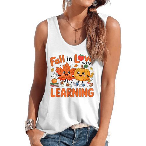 Fall In Love With Learning Thanksgiving Teacher Student Kids Flowy Tank - teacherstshirts.com DE