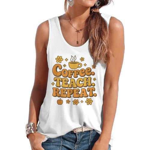 Groovy Coffee Teach Repeat Retro Teacher Flowy Tank - teacherstshirts.com