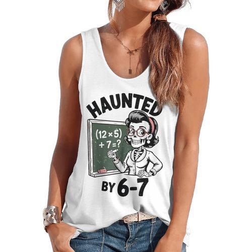 Haunted 67 Skeleton Math Teacher Halloween Costume Math Pun Flowy Tank - teacherstshirts.com