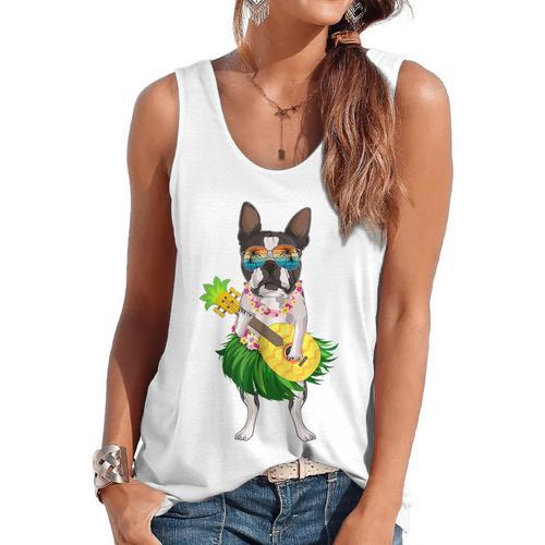 Hawaiian Boston Terrier Dog Pineapple Ukulele Summer For Men Women Girls Kids Flowy Tank - Bostonterriersmerch.com