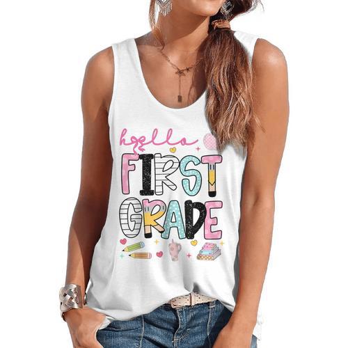Hello First Grade Teacher Coquette Pencil Bow Back To School Flowy Tank - teacherstshirts.com AU