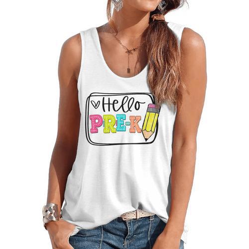 Hello Pre-K Team Preschool Teacher Kids Back To School Flowy Tank - teacherstshirts.com DE