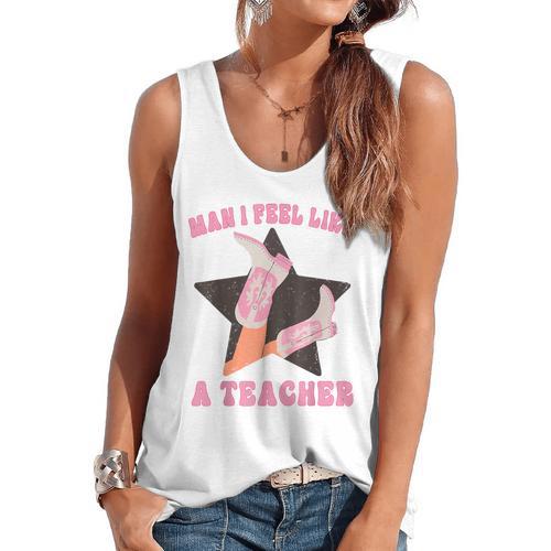 Man I Feel Like A Teacher Retro Western Country Cowgirl Flowy Tank - teacherstshirts.com CA
