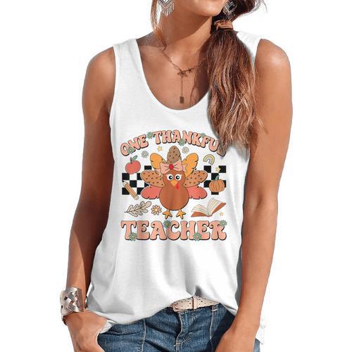 One Thankful Teacher Thanksgiving Retro Groovy Fall Teachers Flowy Tank - teacherstshirts.com UK