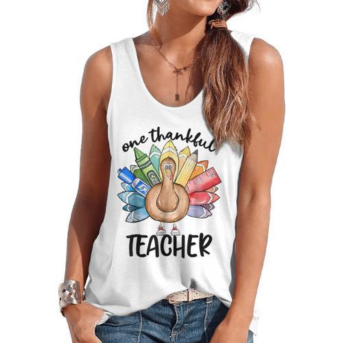 One Thankful Teacher Turkey Pencil Thanksgiving Teachers Flowy Tank - teacherstshirts.com